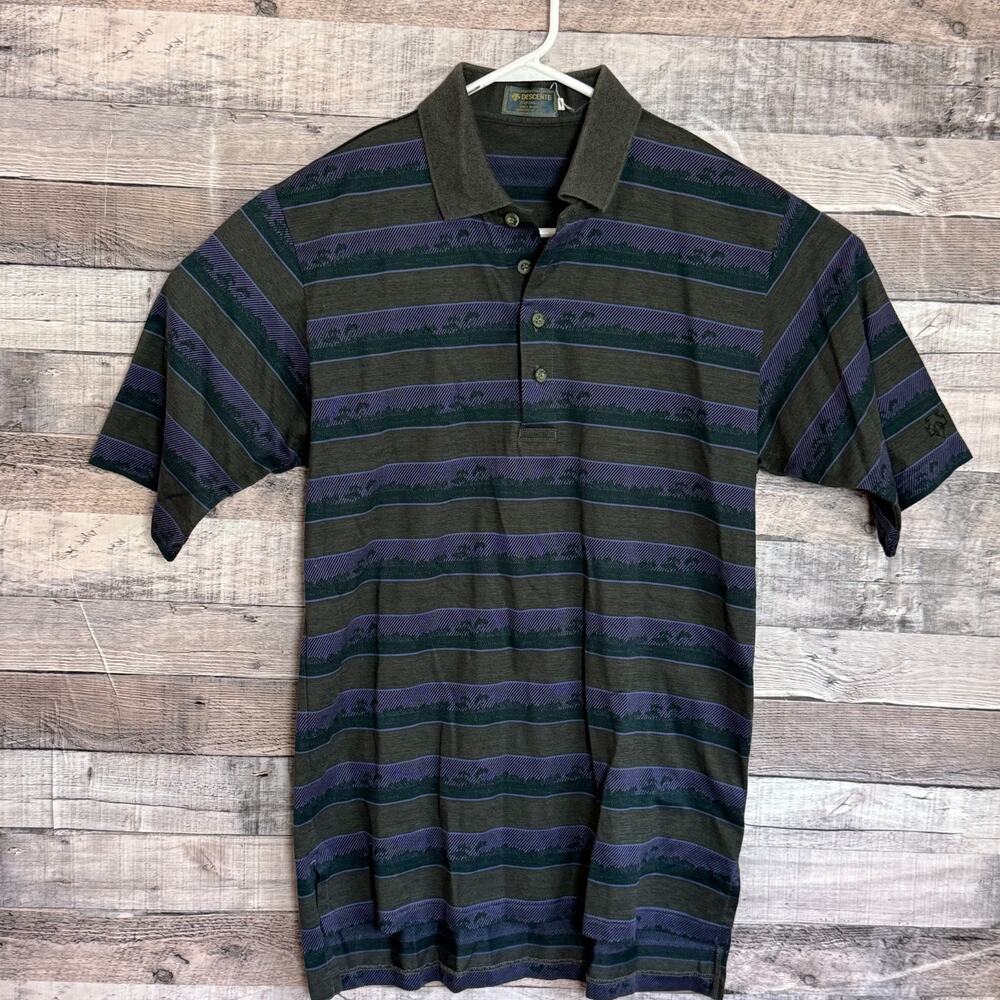 Descente Golf Polo Shirt Mens Medium Green Striped Landscape Cotton Vintage